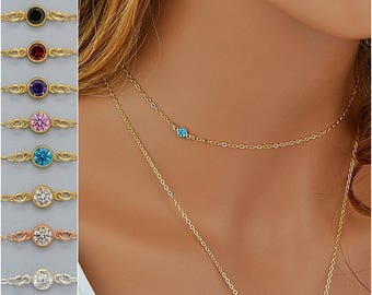 Birthstone Necklace, Dainty Choker Necklace, Birthstone Jewelry, Delicate Layering Necklace Gold, Silver, Rose Gold, Tiny CZ Necklace Choker