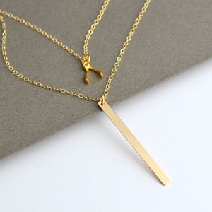 Layered Necklace, Gold Bar Necklace, Wishbone Necklace, Initial Bar Necklace, Personalized, Double Strand Necklace, Sterling Silver image 1