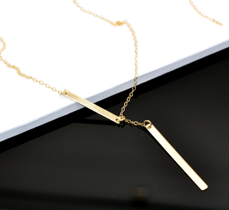 Bar Drop Necklace, Simple Bar Lariat Necklace, Minimal Y Necklace, Gold Drop Necklace, Simple Gold Y Necklace, Gold Bar Lariat Necklace image 2