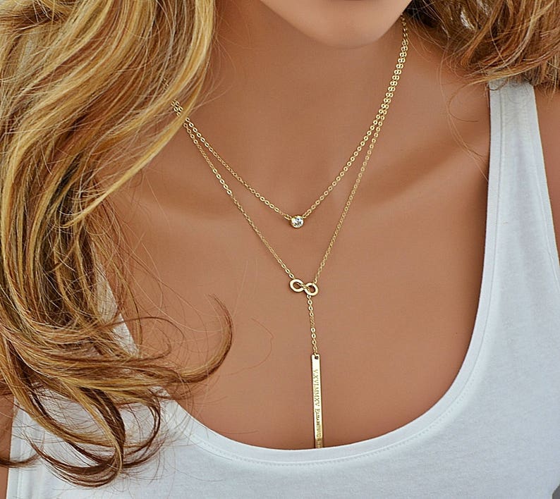 Gold Y Necklace, Personalized Lariat Necklace, Infinity Necklace, Bar Drop Necklace, Gold Necklace, Gift For Her, Personalized Necklace Gold image 4