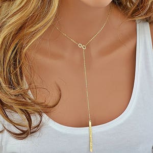 Gold Y Necklace, Personalized Lariat Necklace, Infinity Necklace, Bar Drop Necklace, Gold Necklace, Gift For Her, Personalized Necklace Gold image 2