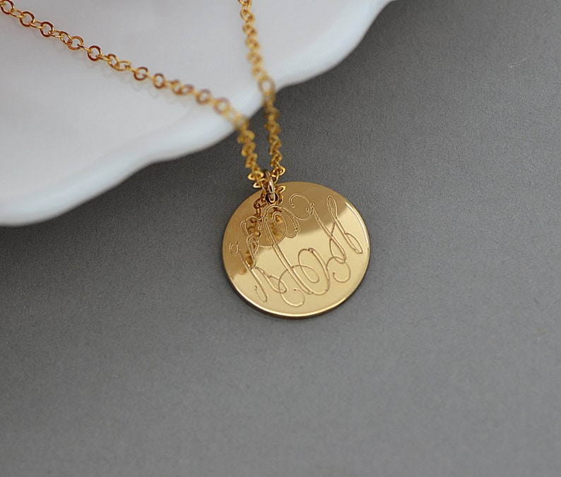 Large Disc Necklace, Monogram Necklace, Gold Necklace, Initial Disc Necklace, Rose Gold, 14k Gold Fill, Sterling Silver Name Disc Necklace image 2