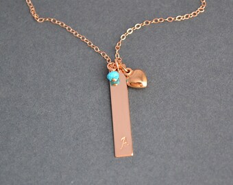 Rose Gold Bar Necklace, Personalized Gold Bar Necklace with Birthstone and Heart Pendant, Vertical Bar Necklace