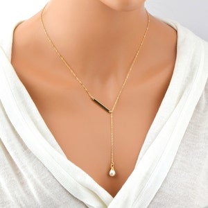 Single Pearl Necklace, Gold Y Necklace, Gold Bar Lariat Necklace, White Freshwater Pearl necklace, Gold Drop Necklace