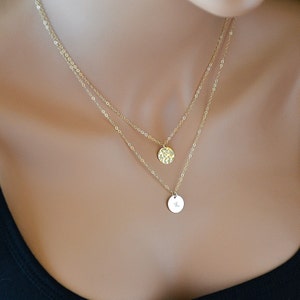 Double Strand Necklace, Layered Necklace, Gold Hammered Disc Necklace, Initial Necklace, Personalized, Monogram