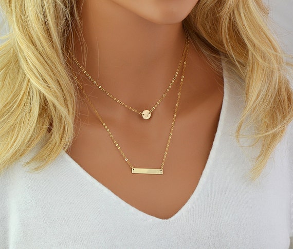 Layered Necklace Set, Layering Necklaces, Gold Name Necklace, Disc &  Vertical Bar Necklace 