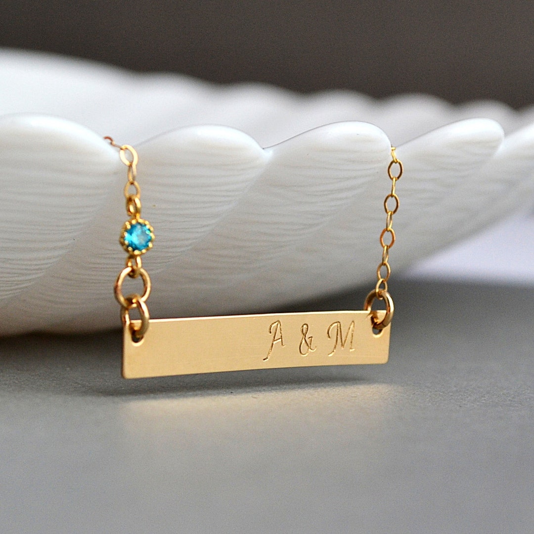 With Birthstone Gold Hammered Bar Necklace Personalized Gold Bar