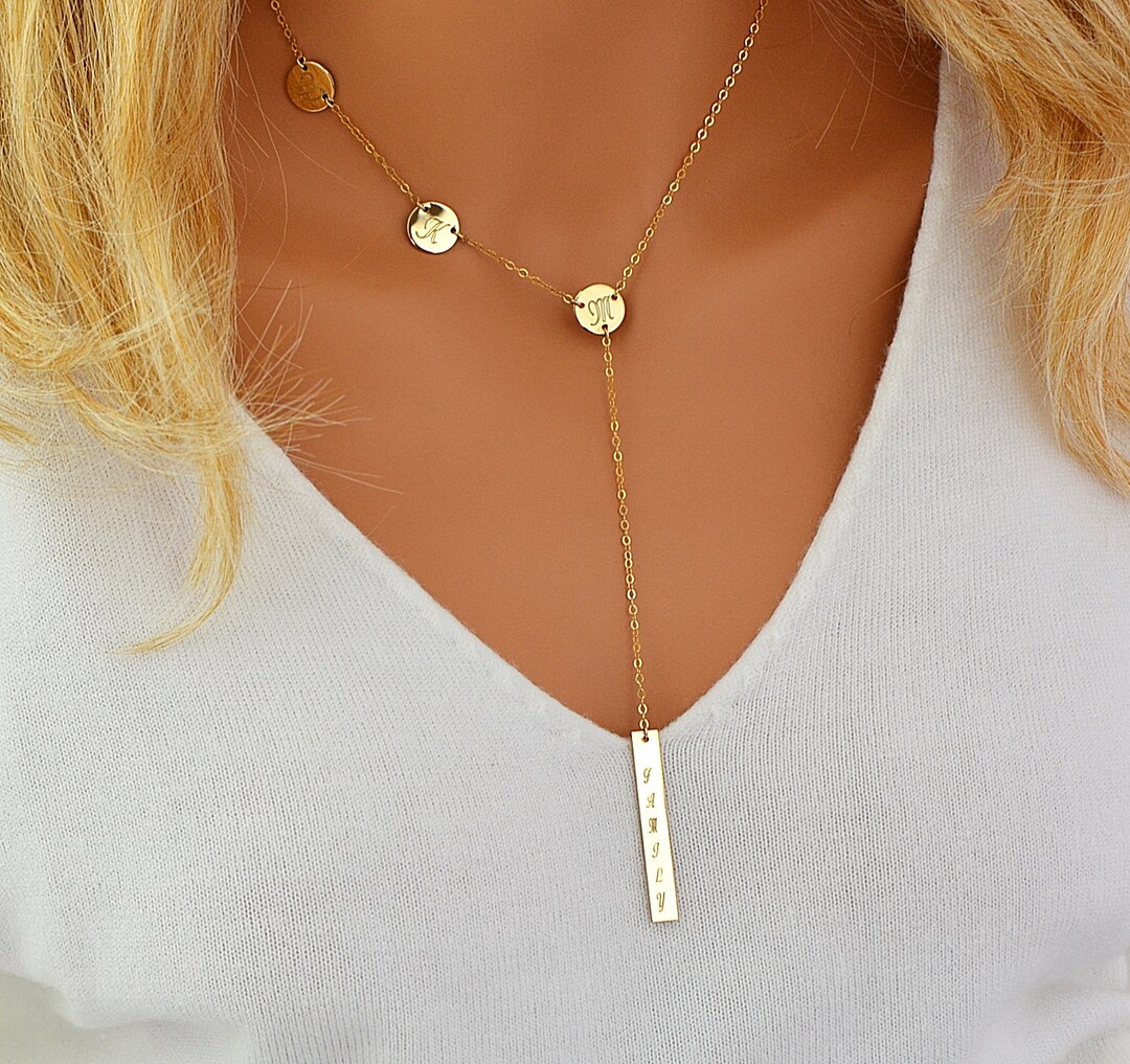 Engraved Y Necklace, Name Bar, Initial Discs, Personalized Lariat