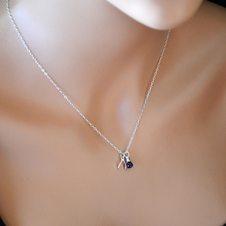 Silver Wishbone Necklace, Birthstone Necklace, Wishbone Necklace Silver, Tiny Wishbone Necklace, Wishbone Charm image 2