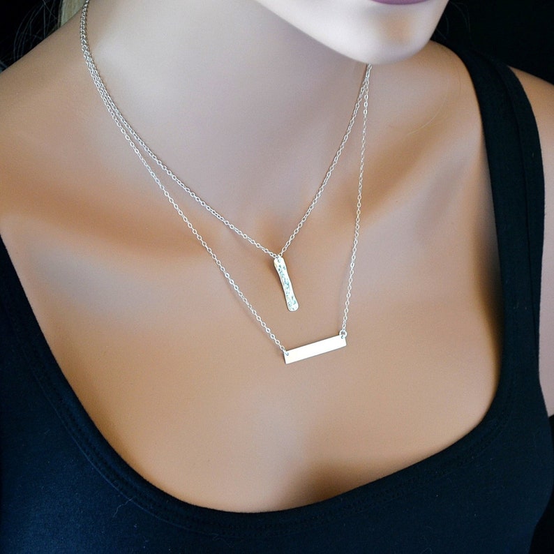 Silver Bar Layered Necklace Two Initial Necklace Hammered Etsy Ireland