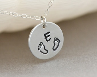 New Mommy Necklace, Baby Foot Necklace, Gift for New Mom, New Mom Jewelry, Gold or Silver Disc Necklace Initial