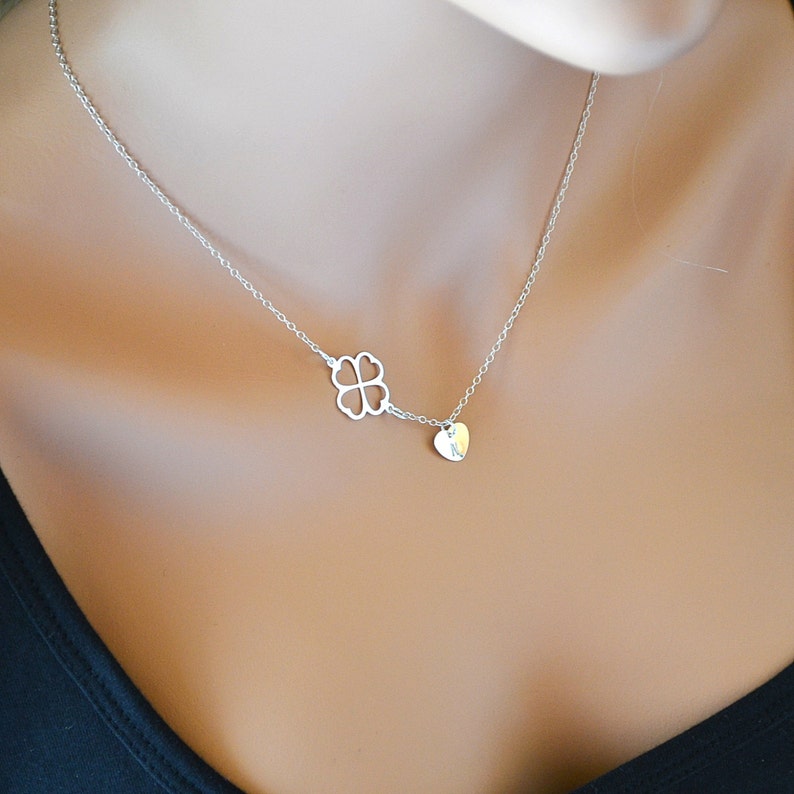 Clover Necklace, Four Leaf Clover Necklace with Initial Heart Charm, Sterling Silver Personalized Necklace Necklace image 1