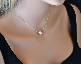 Single Pearl Necklace, Bridesmaid Gift, Single Pearl Necklace Silver, Crystal Pearl Necklace, Everyday Jewelry