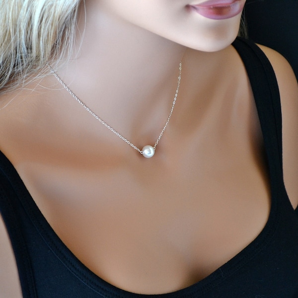 Single Pearl Necklace, Bridesmaid Gift, Single Pearl Necklace Silver, Crystal Pearl Necklace, Everyday Jewelry
