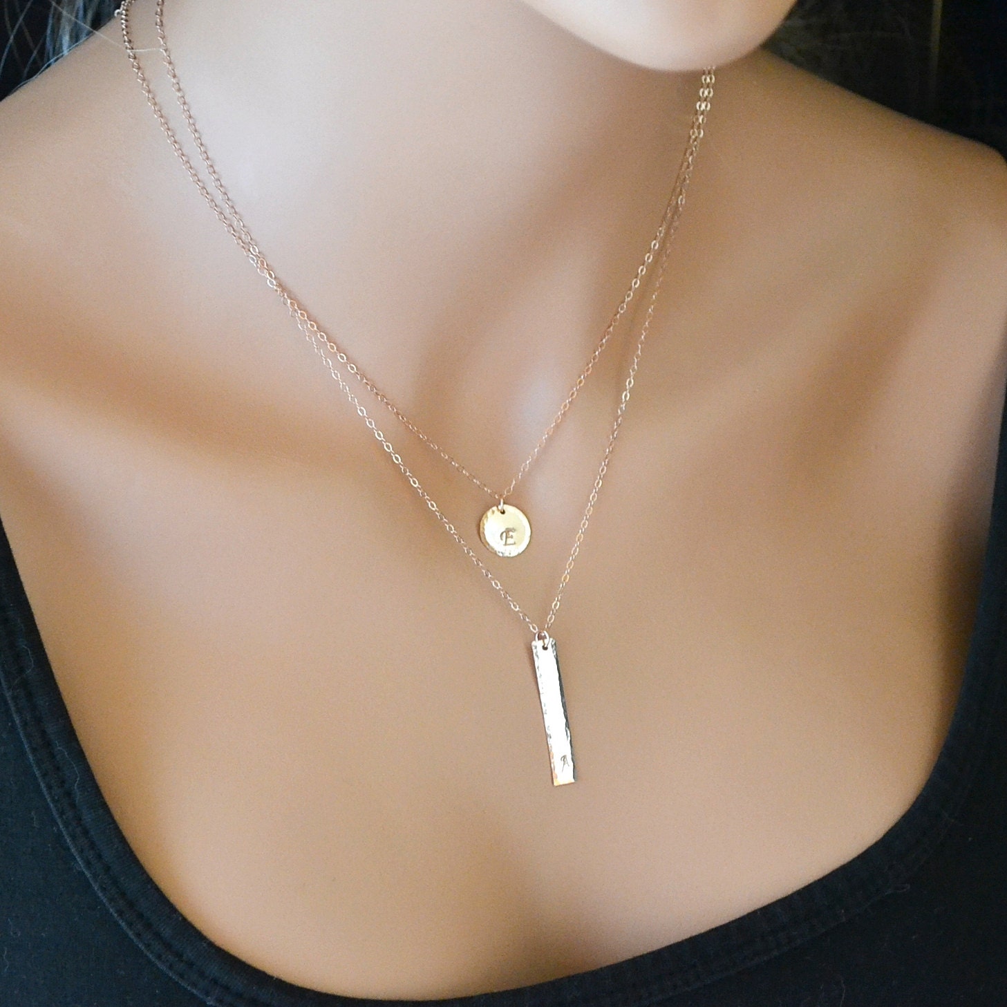 Rose Gold Layered Necklace Vertical Bar Hammered Necklace Etsy