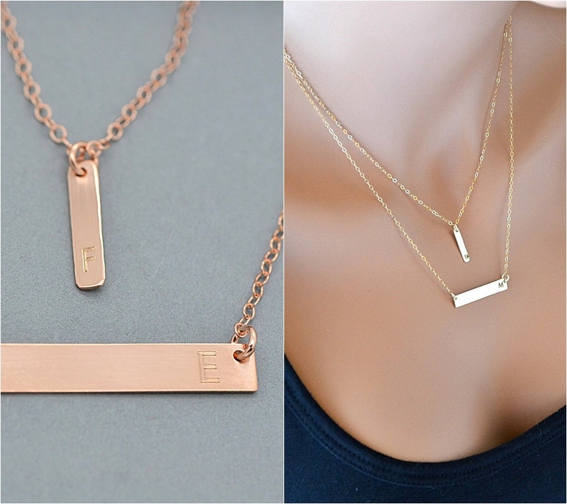 Rose Gold Bar Necklace, Layered Necklace, Initial Necklace, Personalized Jewelry, Double Strand Necklace image 1