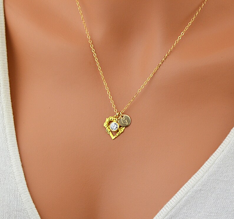 Initial Heart Necklace With CZ Diamond Personalized Heart | Etsy