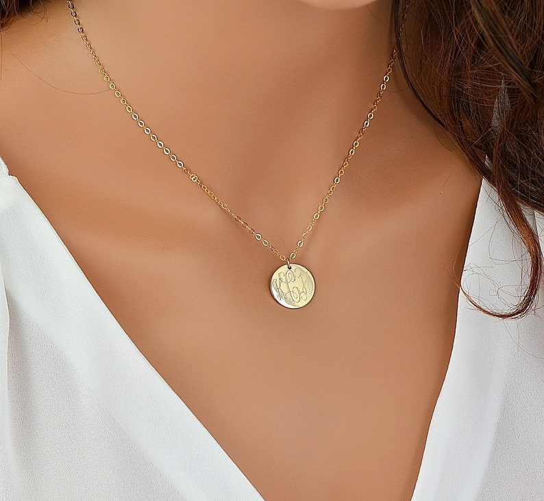 Large Disc Necklace, Monogram Necklace, Gold Necklace, Initial Disc Necklace, Rose Gold, 14k Gold Fill, Sterling Silver Name Disc Necklace image 3