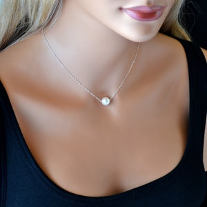 Single Pearl Necklace, Bridesmaid Gift, Single Pearl Necklace Silver, Crystal Pearl Necklace, Everyday Jewelry image 2