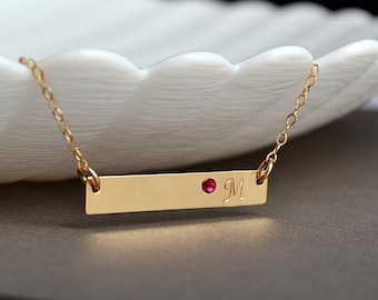 Gold Bar Necklace, Personaliozed Gold Bar Necklace, Initial Bar Necklace, 14k gold fill, Horizontal Bar, Birthstone Necklace