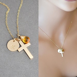 Initial Cross Necklace, Jesus Necklace, Crucifix Necklace, Initial and Birthstone, Faith Necklace, Silver Cross necklace