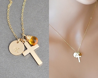 Initial Cross Necklace, Jesus Necklace, Crucifix Necklace, Initial and Birthstone, Faith Necklace, Silver Cross necklace