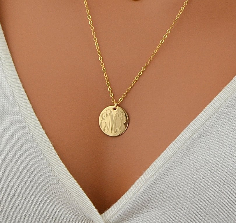 Gold Disc Necklace Monogram Necklace 