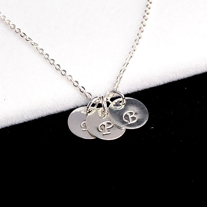 Three Initial Necklace, Sterling Silver Disc Necklace, 3 Letter Necklace, Three Disc Necklace, Handstamped Disc Necklace image 2