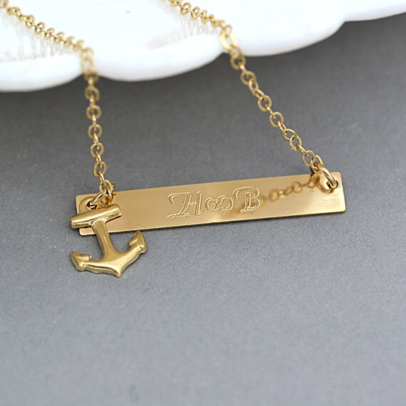 Gold Anchor Necklace Personalized Anchor Necklace Bar Etsy