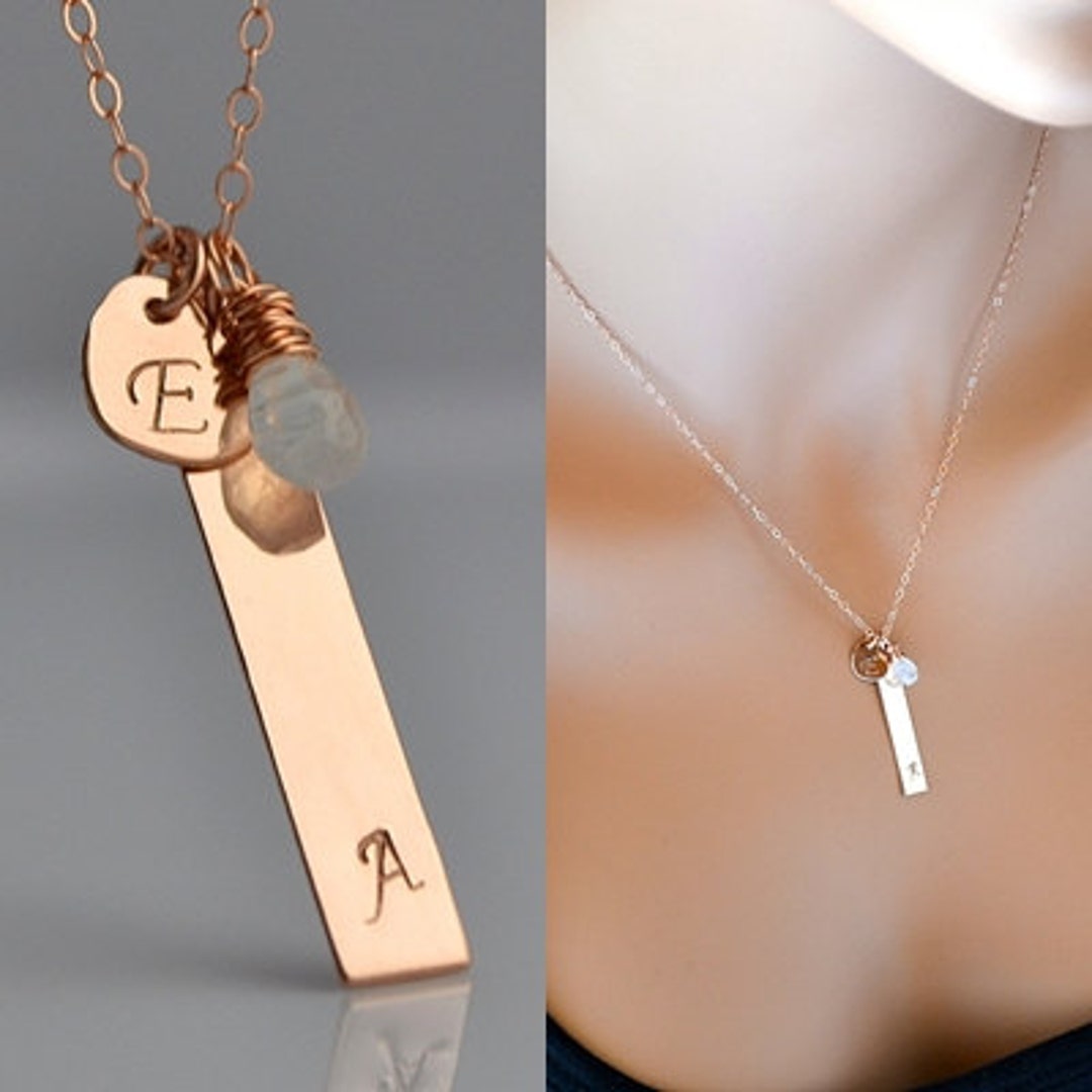 Rose Gold Vertical Bar Necklace Two Initial Bar Necklace Etsy