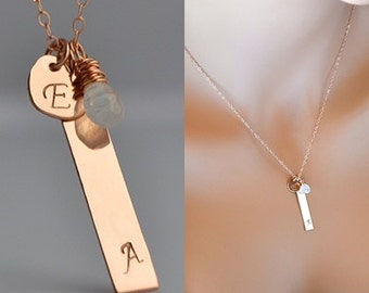 Rose Gold Vertical Bar Necklace, Two Initial Bar Necklace, Personalized Heart Necklace, Rainbow Moonstone Necklace