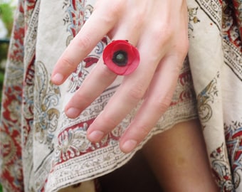 Papaver ring, handgemaakte polymeer klei ring, rode papaver, messing ring, aanwezig voor haar