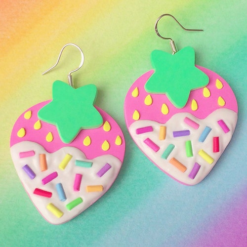 Pink Kawaii Strawberry Shaped Polymer Clay Earrings With Icing Etsy