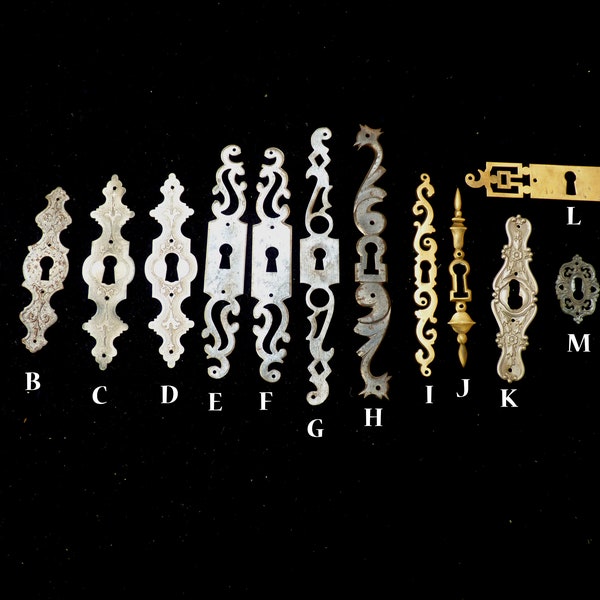 Lovely Collection of 1890s and 1900-1930s Antique Brass and Metal  Keyhole Covers, Escutcheon, furniture door decoration, Scrolls, Art Deco