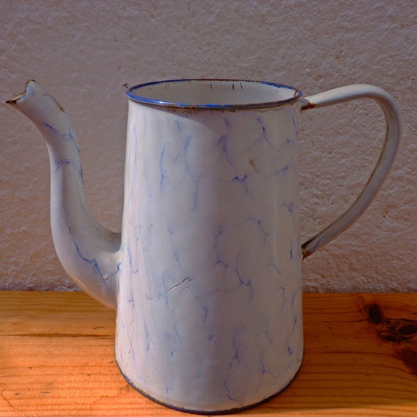 Pretty, Antique Enamelware Coffee Pot, 1920s, French, Blue Swirl Design ,Enamel  Jug, Water Pitcher, Graniteware Coffee Boilers