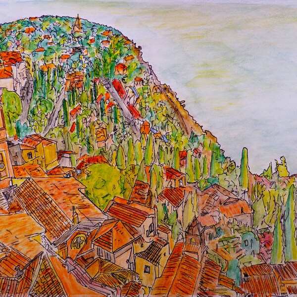 Colourful Watercolour of Roquebrune, South of France by JGN KELLY