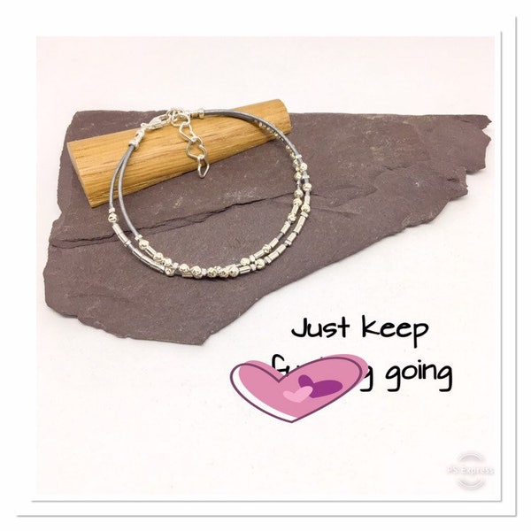 Just keep fucking going, Morse code message bracelet, sterling silver and leather, hidden motivational message, filled gold option