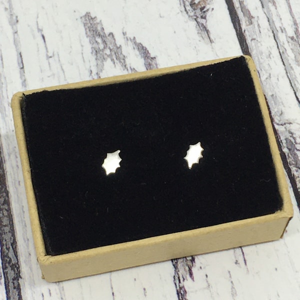 Tiny solid silver holly earrings, sterling silver studs, 4mm plain polished holly leaf earrings, fine silver studs