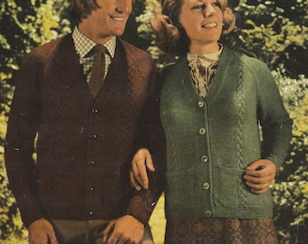 PDF womens mens cable cardigan jacket INSTANT DOWNLOAD vintage knitting pattern 34 inches to 46 inches