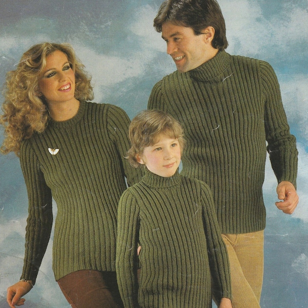 PDF his and hers family ribbed sweater INSTANT DOWNLOAD vintage knitting pattern 24 inches to 46 inches