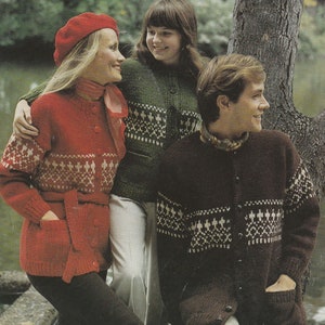 以下が含まれることがあります： 幾何学模様のニットカーディガンを着た3人。左のカーディガンは赤、真ん中のカーディガンは緑、右のカーディガンは茶色です。