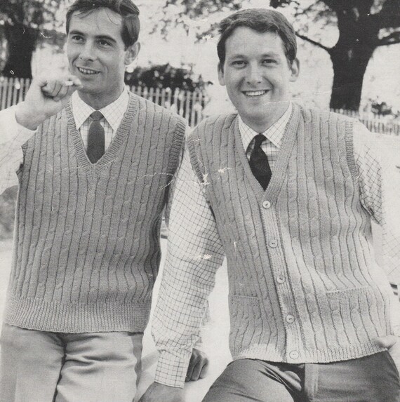 PDF mens patterned cable sweater pullover vest sleeveless waistcoat instant  DOWNLOAD vintage UK knitting pattern