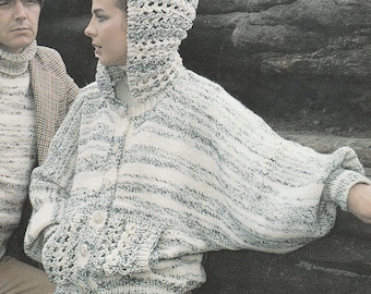 PDF womens chunky hooded cardigan jacket instant DOWNLOAD vintage UK knitting pattern