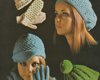 PDF hats and mitts gloves mittens beret hat knitted INSTANT DOWNLOAD vintage knitting pattern dk double knitting