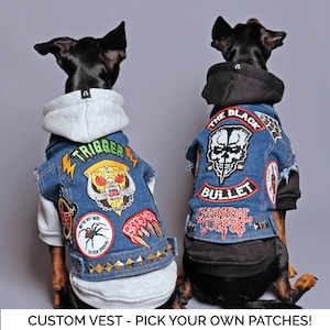 Denim dog vest with patches, dog battle jacket.