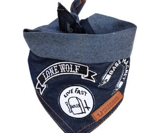 Denim Dog Bandana, Patched Dog Bandana, Blue Dog Bandana, Cool Dog Bandana, Rock Dog Bandana, Dog Denim,  Designer Dog Bandana