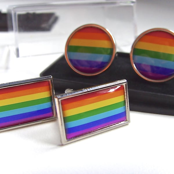 Rainbow Flag LGBT Movement Gay Pride Cufflinks Cuff Links and Tie Clip Slide Grip