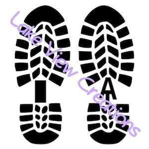 May include: Black and white silhouette of two footprints, each with a detailed tread pattern. The footprints are side by side, with the left footprint slightly offset from the right.