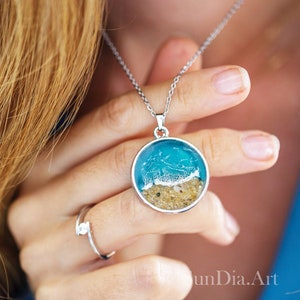 Ocean resin necklace with realistic waves Seaside Beach lovers jewelry Boho necklace Heart shape blue necklace Marine jewelry Sea lover gift