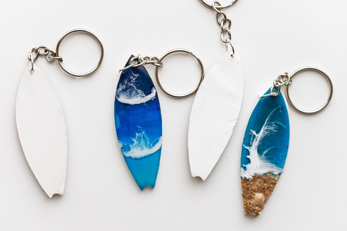Surf board keychain Wooden mini surf with resin waves Etsy